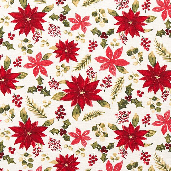 Dekostoff Canvas Christstern-Blüten – wollweiss/karminrot | Reststück 100cm