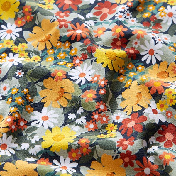 Baumwolljersey Blumenwiese – nachtblau/orange