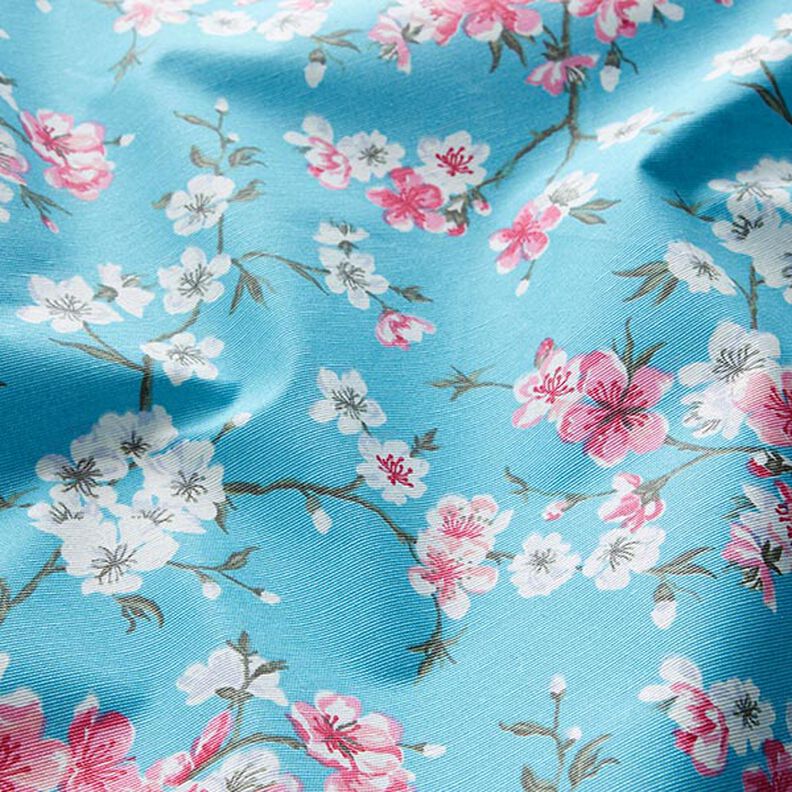 Beschichtete Baumwolle Kirschblüten – aquablau,  image number 2