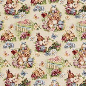 Dekostoff Gobelin Osterhasen im Garten – hellbeige/beere, 
