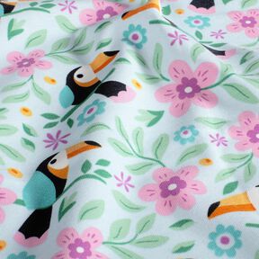 Baumwolljersey Tukane im Blumen-Dschungel – babyblau/orange, 