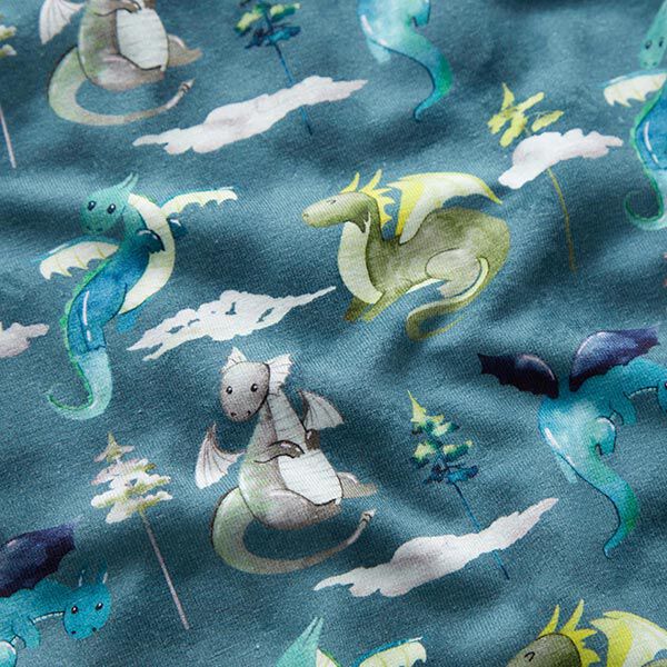 Baumwolljersey Aquarell-Drachen Digitaldruck – ozeanblau | Reststück 50cm
