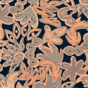 Viskosejersey gemalte Blumen – nachtblau/pfirsichorange, 