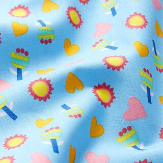 Baumwollpopeline Blumen, Sonnen, Herzen – hellblau, 
