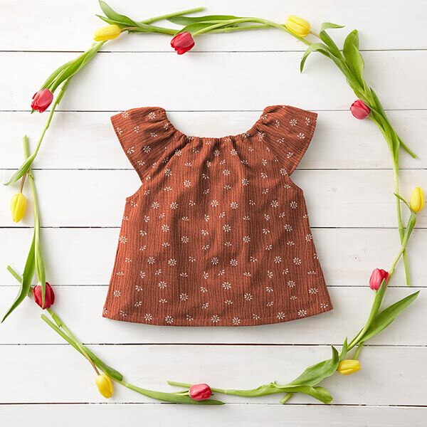 Musselin/ Doppel-Krinkel Gewebe stilisierte Margeriten – terracotta/weiss | Reststück 50cm