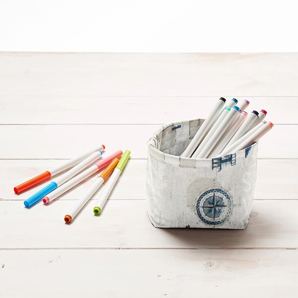 Dekostoff Canvas Strandmotive – natur/marineblau | Reststück 50cm
