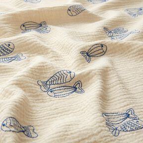 Musselin/ Doppel-Krinkel Gewebe gestickte Fische | Poppy Fabrics – wollweiss/königsblau, 