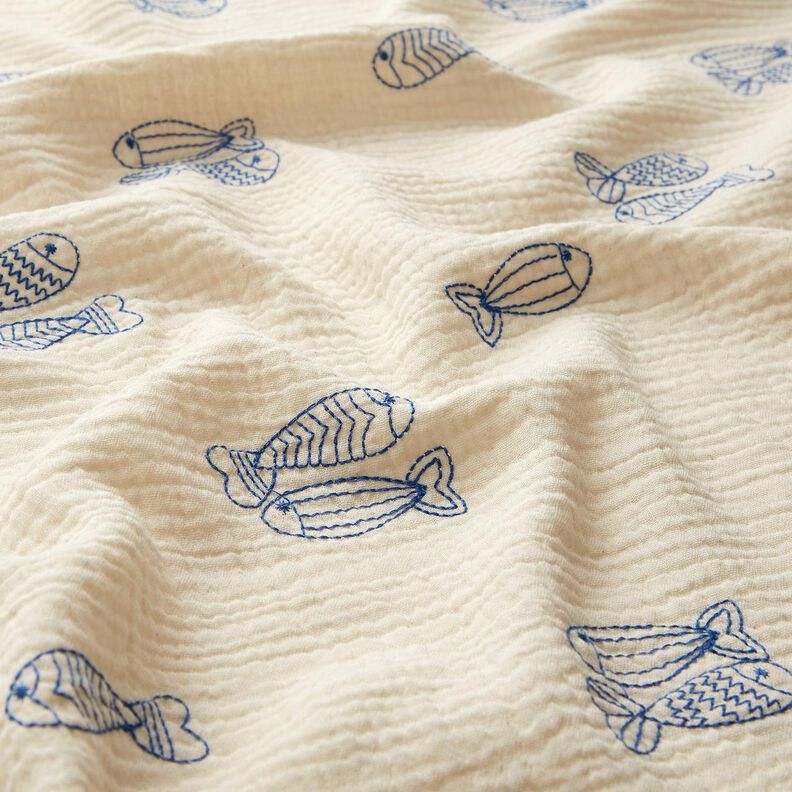 Musselin/ Doppel-Krinkel Gewebe gestickte Fische | Poppy Fabrics – wollweiss/königsblau,  image number 2