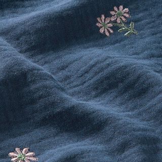 Musselin/ Doppel-Krinkel Gewebe aufgestickte Blümchen – jeansblau, 