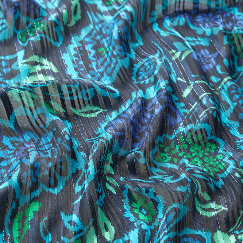 Chiffon Satin- und Glitzerstreifen Paisley-Blumen – türkis/schwarz,  image number 2