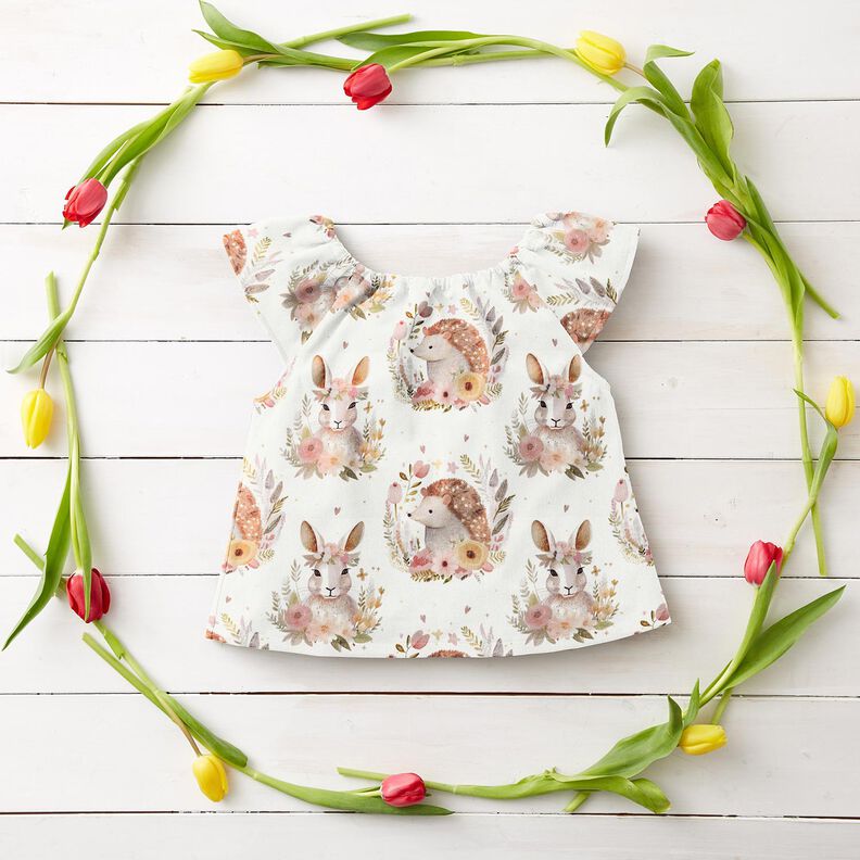 Baumwollpopeline Hase und Igel im Blumenkreis Digitaldruck – elfenbein, image number 6