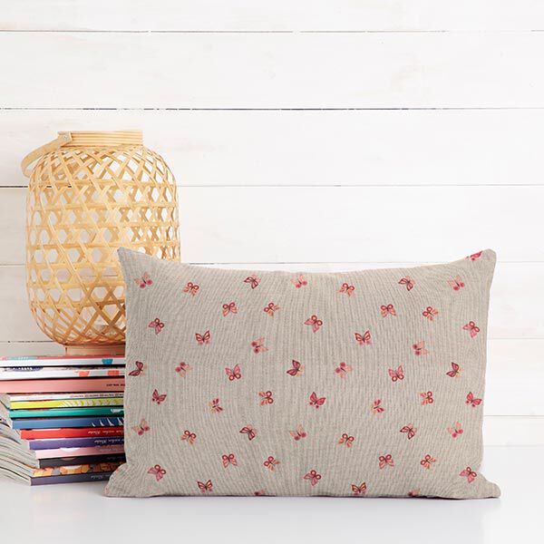 Dekostoff Halbpanama Schmetterlinge – natur/rosa | Reststück 50cm