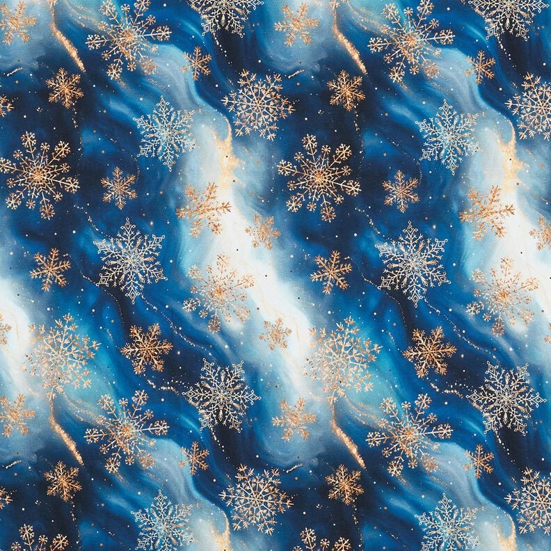 French Terry Sommersweat Schneeflocken Milchstraße | Glitzerpüppi – indigo/altgold, image number 1