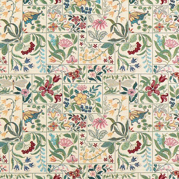 Dekostoff Gobelin Blumen-Kacheln – hellbeige