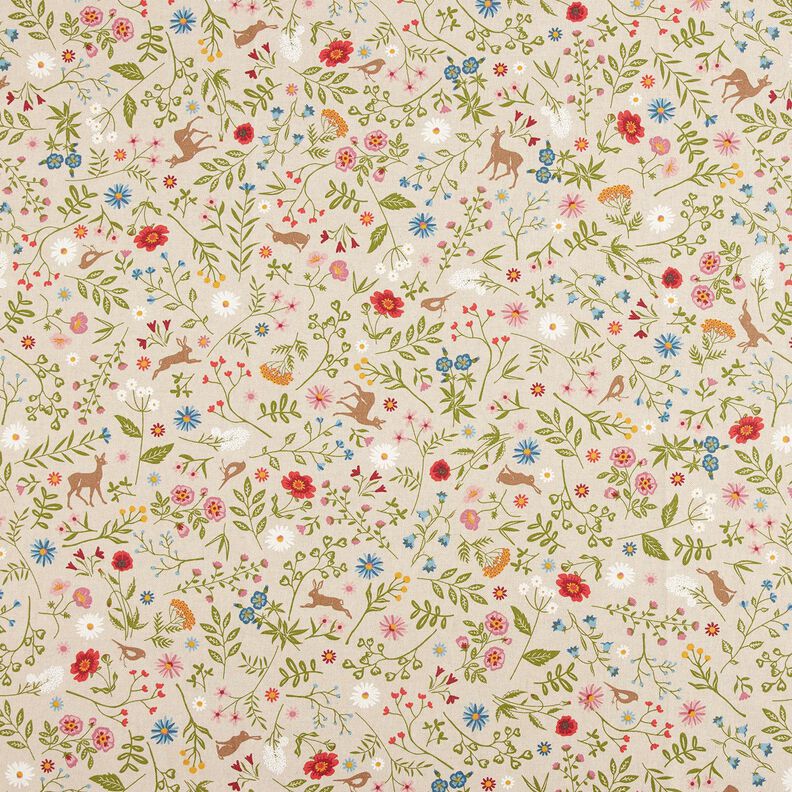 Dekostoff Halbpanama Waldtiere und Blumen – natur/grün,  image number 1