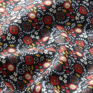 Baumwollstoff Cretonne kleine Blüten – schwarz/karminrot, 