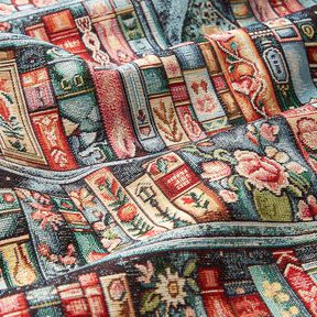 Dekostoff Gobelin buntes B&uuml;cherregal &ndash; blautanne/karminrot, 