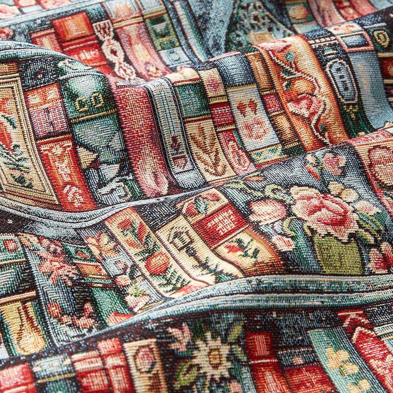 Dekostoff Gobelin buntes B&uuml;cherregal &ndash; blautanne/karminrot,  image number 2