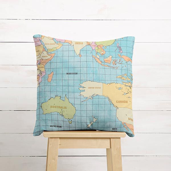 Dekostoff Halbpanama Weltkarte Vintage – helltürkis | Reststück 50cm