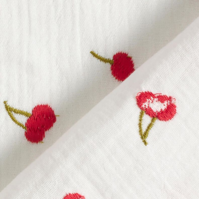 Musselin/ Doppel-Krinkel Gewebe gestickte Kirschen | Poppy Fabrics – weiss/feuerrot,  image number 4