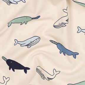 Baumwolljersey süße Wale | Poppy Fabrics – cashew/marineblau, 