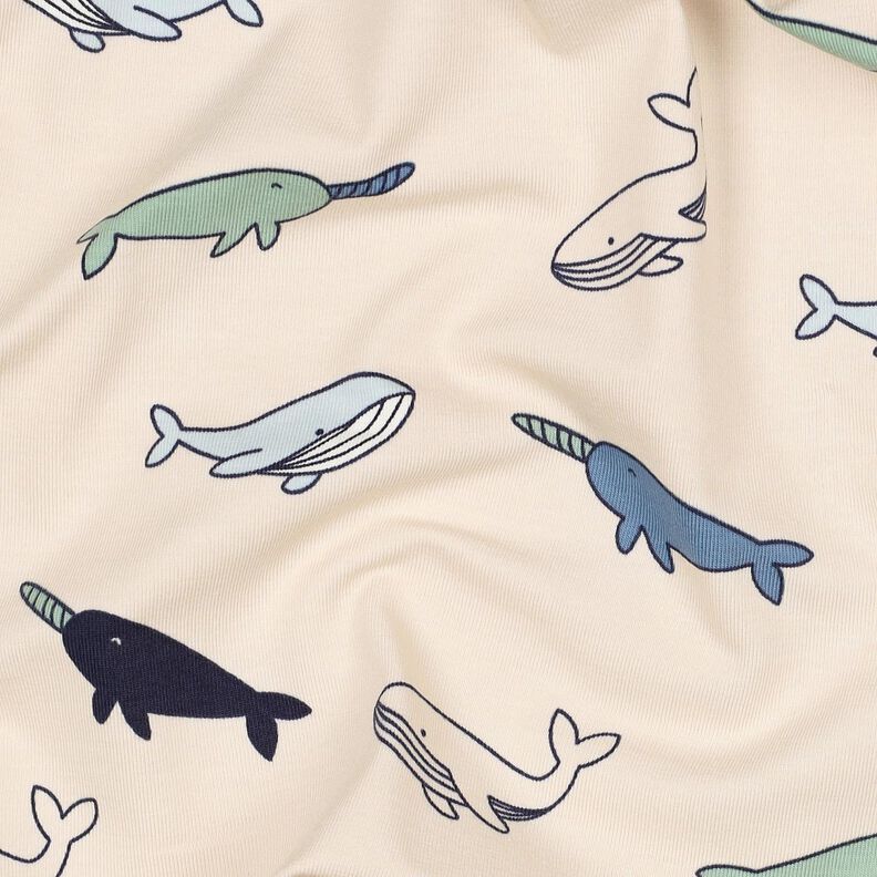 Baumwolljersey süße Wale | Poppy Fabrics – cashew/marineblau,  image number 2