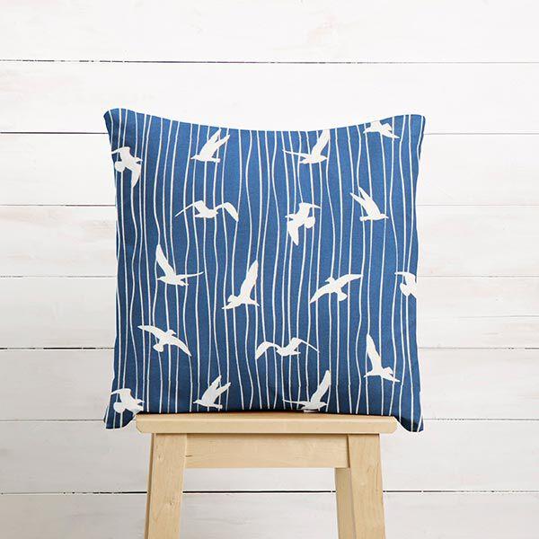 Dekostoff Halbpanama Möwen – ozeanblau/weiss | Reststück 100cm