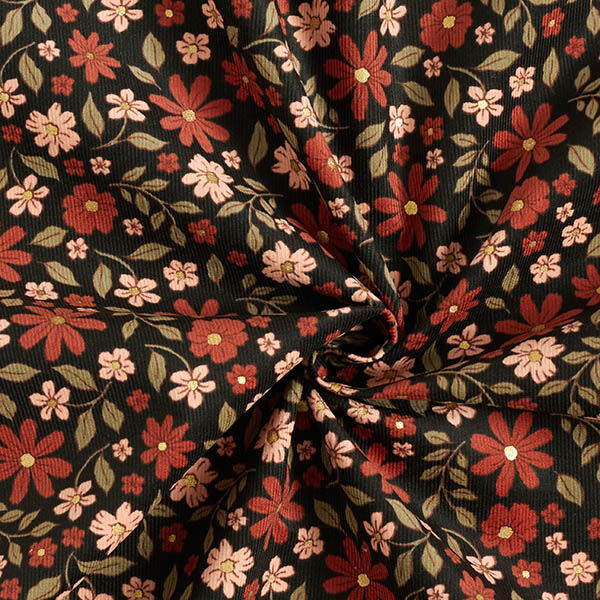 Babycord Glitzer schöne Blumen – schwarz/gold metallic | Reststück 50cm