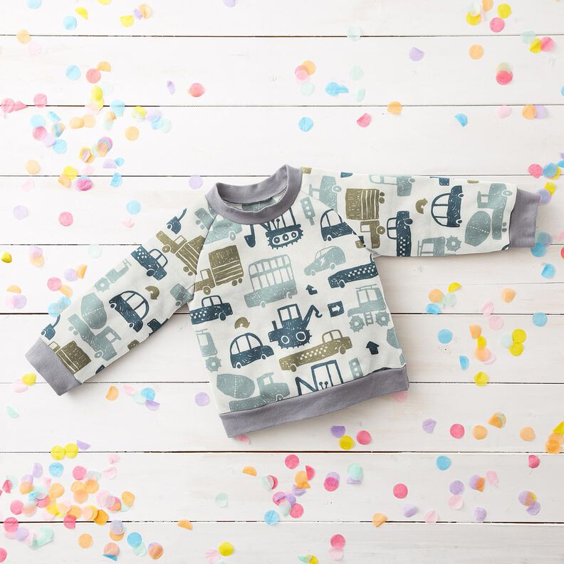 French Terry Sommersweat Skribbel Fahrzeuge &ndash; weiss/blau,  image number 7