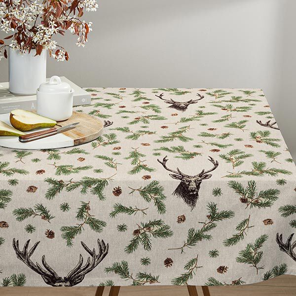 Dekostoff Halbpanama Hirsch & Tannenzweige – natur | Reststück 50cm