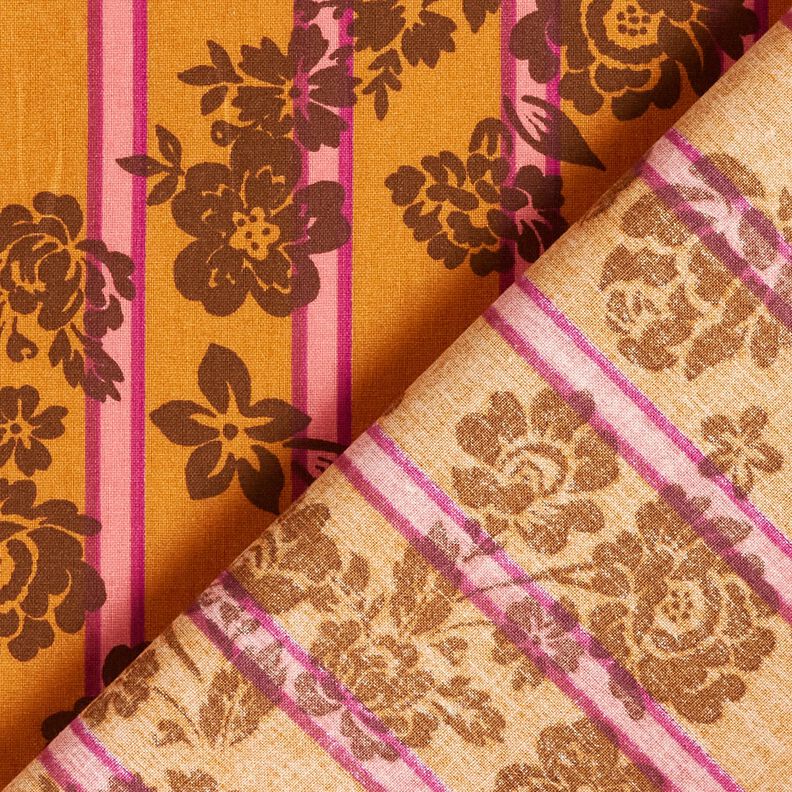 Baumwollstoff Cretonne Blumen auf Streifen – currygelb/purpur, image number 4