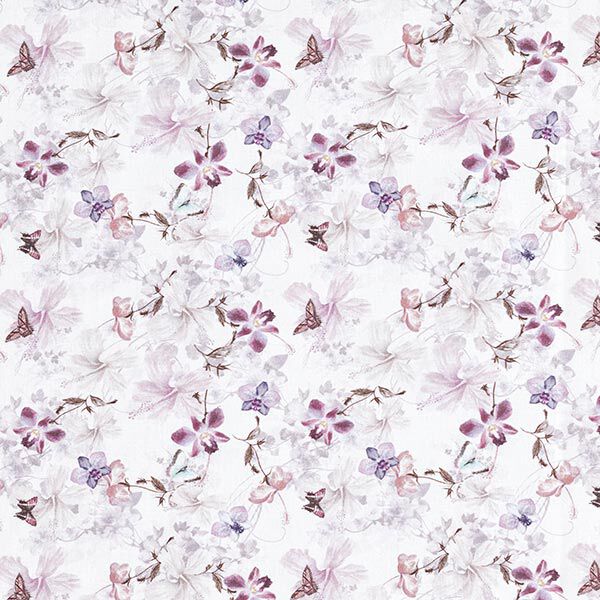 Dekostoff Baumwollpopeline Schmetterlinge & Orchideen – pastellviolett