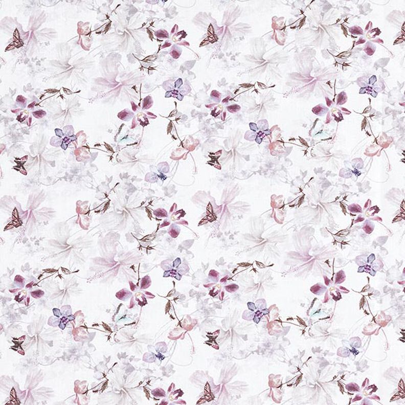 Dekostoff Baumwollpopeline Schmetterlinge & Orchideen – pastellviolett,  image number 1