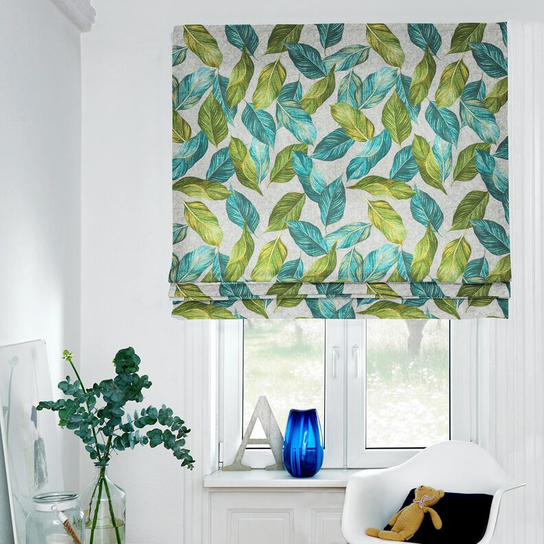 Dekostoff Canvas Ficus-Blätter – blautanne/grau,  image number 6