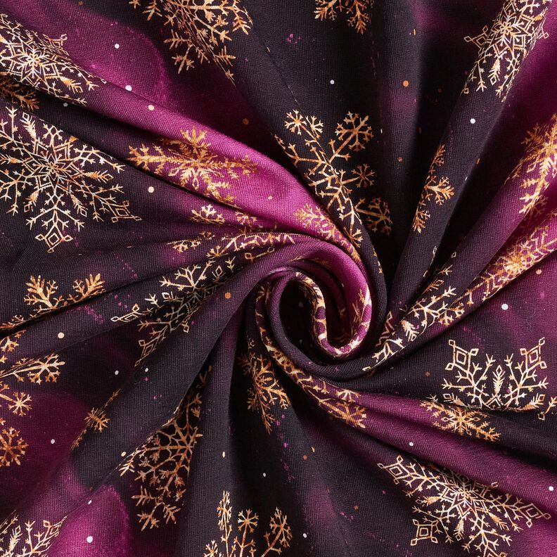 French Terry Sommersweat Schneeflocken Milchstraße | Glitzerpüppi – aubergine/altgold, image number 3