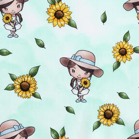 Baumwolljersey Sonnenblumen Mädchen | Glitzerpüppi – eisblau/sonnengelb, 