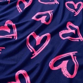French Terry Sommersweat Jeanslook Neon Herzen – nachtblau/neonpink,  French Terry Sommersweat Jeanslook Neon Herzen – nachtblau/neonpink,