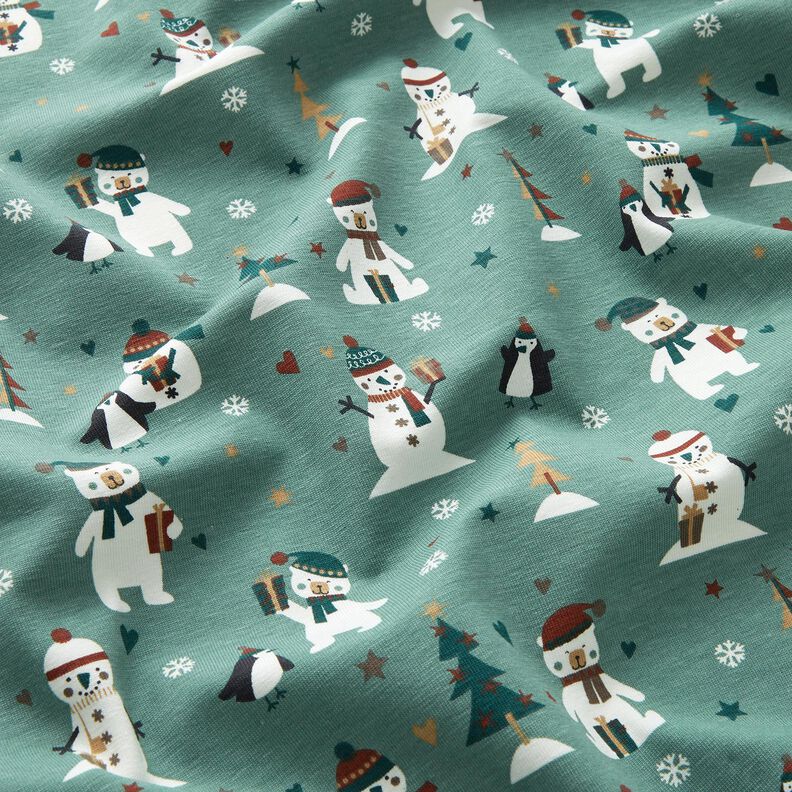 Baumwolljersey Pinguin, Eisbär und Schneemann – schilf,  image number 2