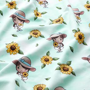 Baumwolljersey Sonnenblumen Mädchen | Glitzerpüppi – eisblau/sonnengelb, 