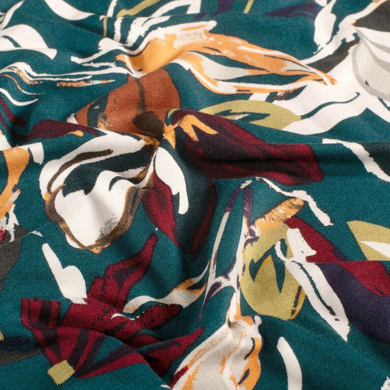 Viskosejersey moderne Blumen – petrol/kupfer, image number 2
