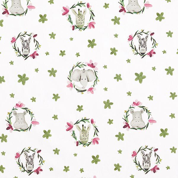 Baumwollpopeline Tiere im Blumenkreis Digitaldruck – weiss