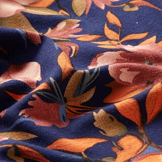 Viskosejersey wunderschöne Blumen – marineblau/orange, 