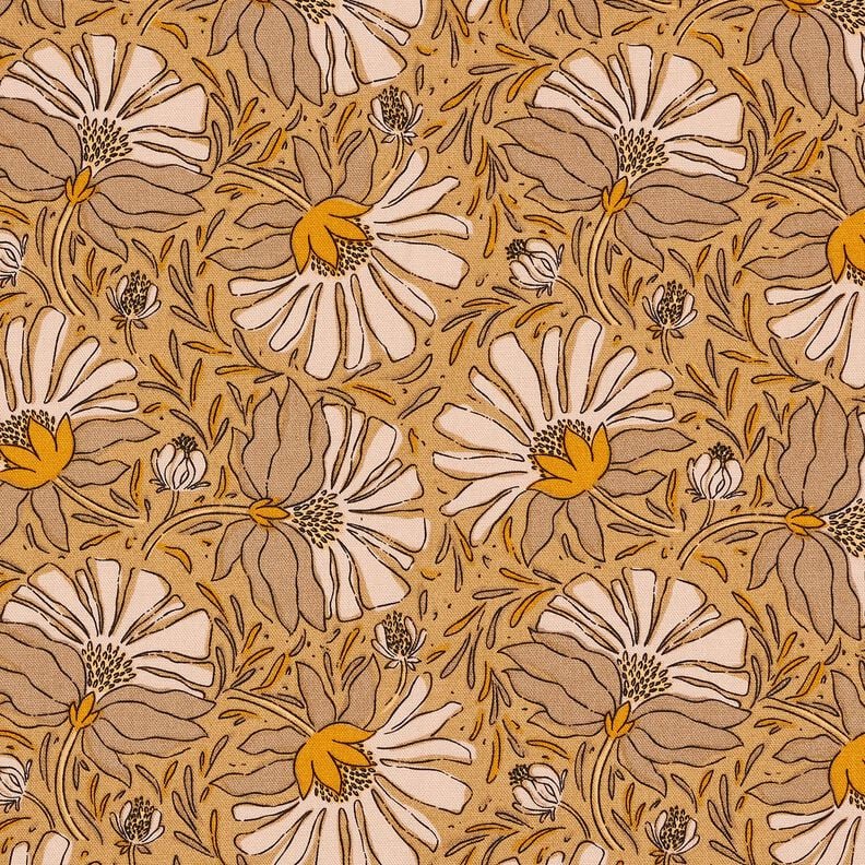 Dekostoff Halbpanama große Blumen – dunkelbeige/currygelb, image number 1