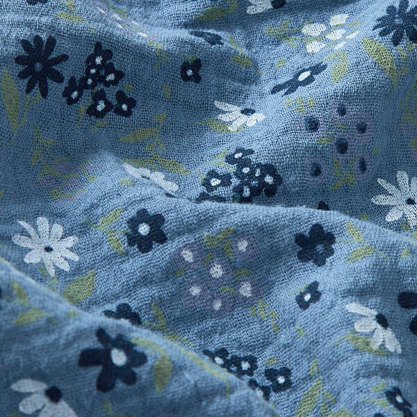 Musselin/ Doppel-Krinkel Gewebe kleine Blümchen – ozeanblau | Reststück 50cm