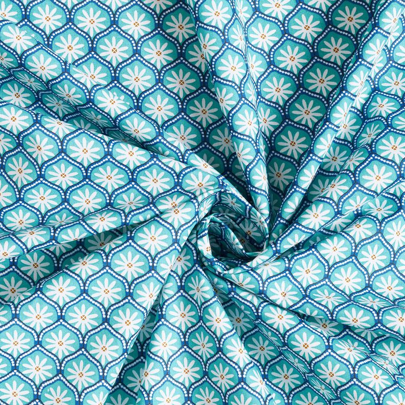 Beschichtete Baumwolle Blumenkacheln – aquablau/weiss, image number 3