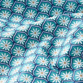 Beschichtete Baumwolle Blumenkacheln – aquablau/weiss, 