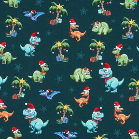 French Terry Sommersweat Weihnachtsdinosaurier unter Palmen | Glitzerpüppi – petrol/hellgrün, 