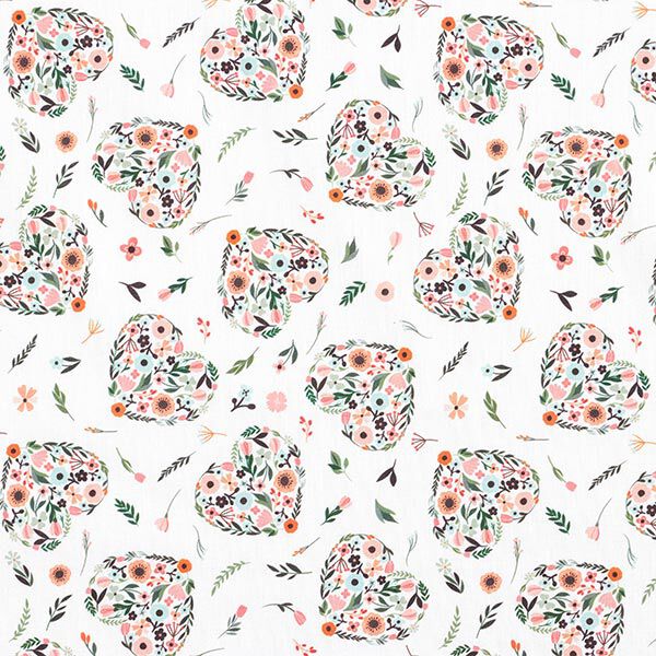 Baumwollstoff Perkal Blumen in Herzen – weiss/rosa | Reststück 50cm