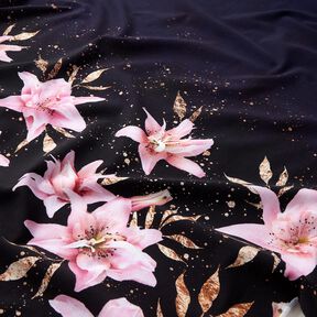 French Terry Sommersweat Bordürenstoff Lilien und Goldsprenkelblätter | Glitzerpüppi –, 