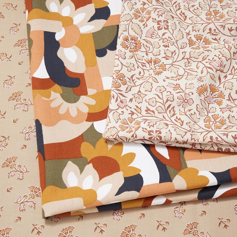 Dekostoff Halbpanama abstrakte Retro Blumen – weiss/kupfer,  image number 5
